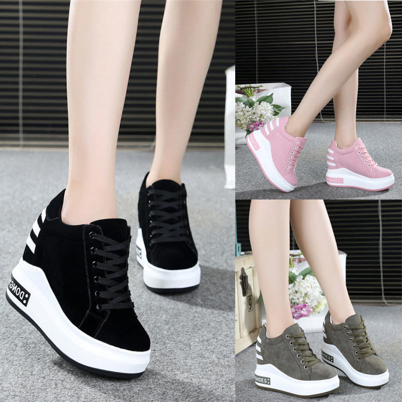 秋鼕季超高跟10cm松糕單鞋女百搭黑色厚底坡跟休閑內增高運動鞋潮