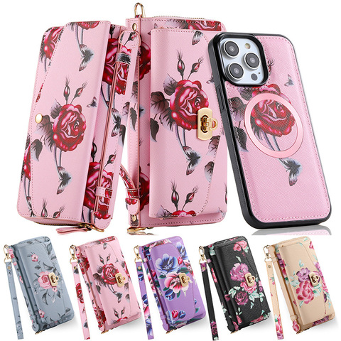 Girls Flower Crossbody Lanyard Strap Wallets Folio Flip Magnetic Synthetic Leather Card Holder Folding Stand Removable