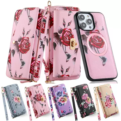 Girls Phone Cases Flower Crossbody Lanyard Strap Wallets Folio Flip Magnetic Synthetic Leather Card Holder Folding Stand Removable Case Wireless Charging Compatible Apple, Samsung