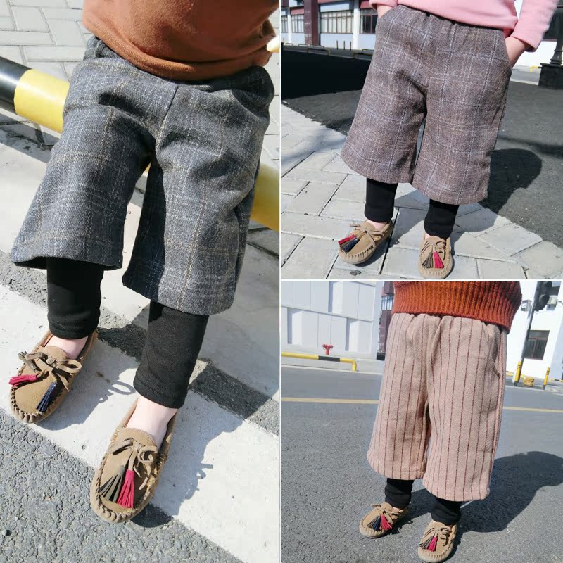 女童裝鼕裝假兩件加絨韓版兒童闊腿褲女寶寶小孩褲子1-2-3-456歲