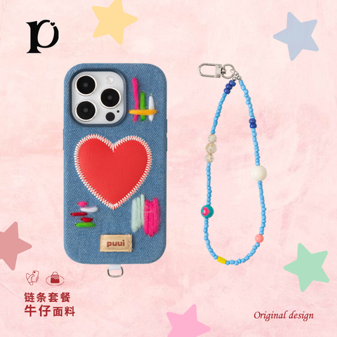Blue — Puui Girls Denim Stitched Heart Chic Stylish With Wrist Lanyard Strap 14, 13, 12 iPhone Case