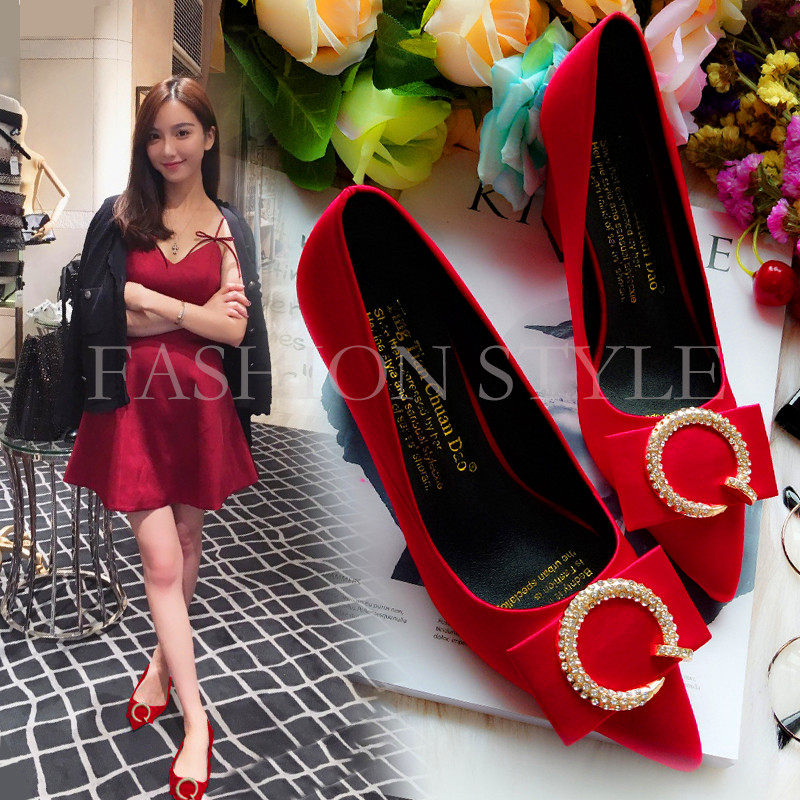 2017歐美方扣粗跟高跟淺口女鞋尖頭百搭中跟工作單鞋紅色新娘婚鞋