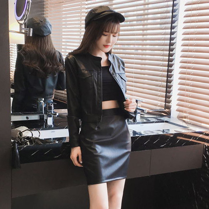 2017秋季韓版女裝新款PU皮短款上衣外套 高腰顯瘦包臀短裙兩件套