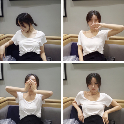 四喜白夏季新款t恤女时尚纯色短袖宽松上衣口袋t超薄大领子女装