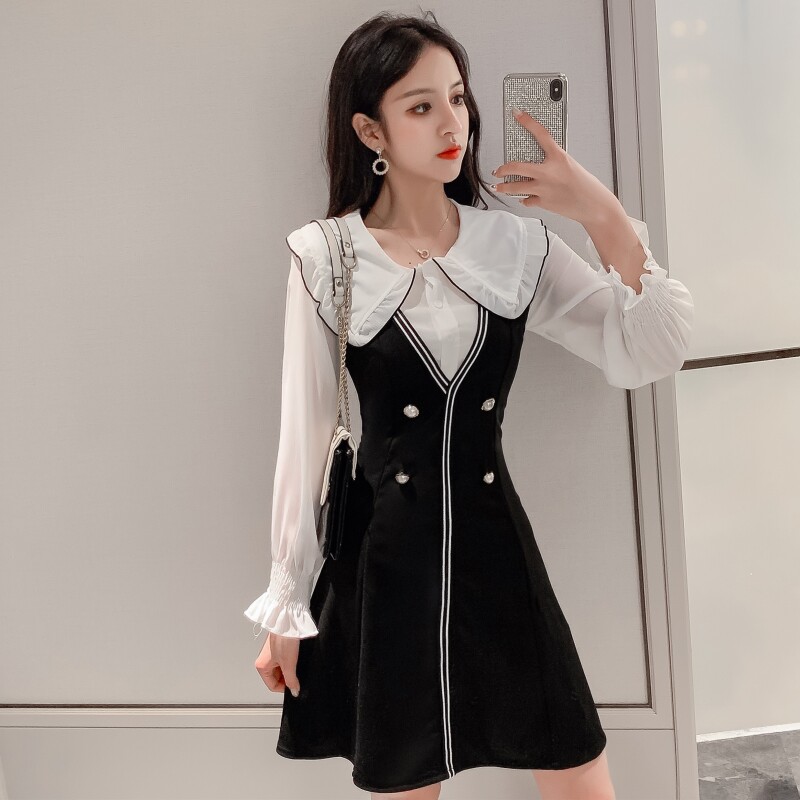 เดรส 大码秋新款洋气胖妹妹mm收腰翻领显瘦仙女裙子200斤减龄A字连衣裙  