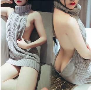 漏背毛衣处男杀手工口毛衣秋冬露背高领无袖针织套头上衣露背毛衣-淘宝网