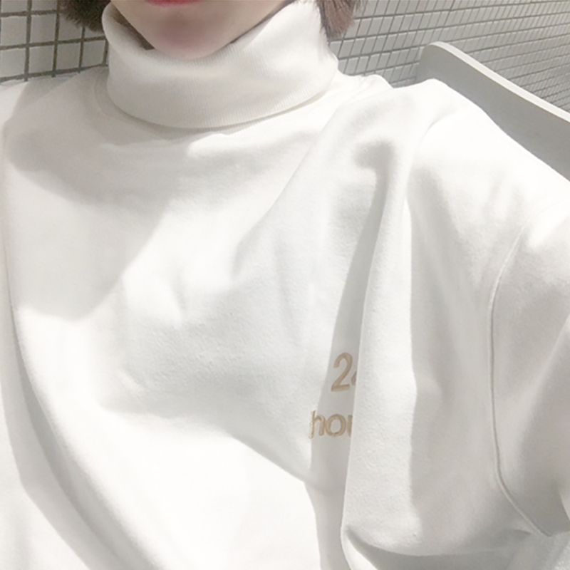 韓版秋鼕新款白色刺繡中長款加厚加絨寬松高領衛衣女學生套頭外套