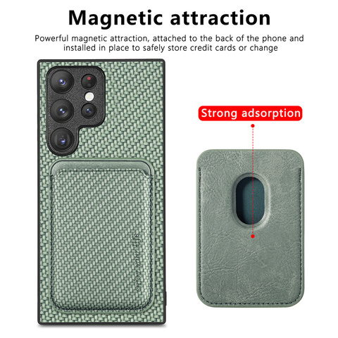 Green — Magnetic Card Holder Carbon Fiber Pattern Synthetic Leather S23, S23 Plus, S23 Ultra, S22, S22 Plus, S22 Ultra, S21