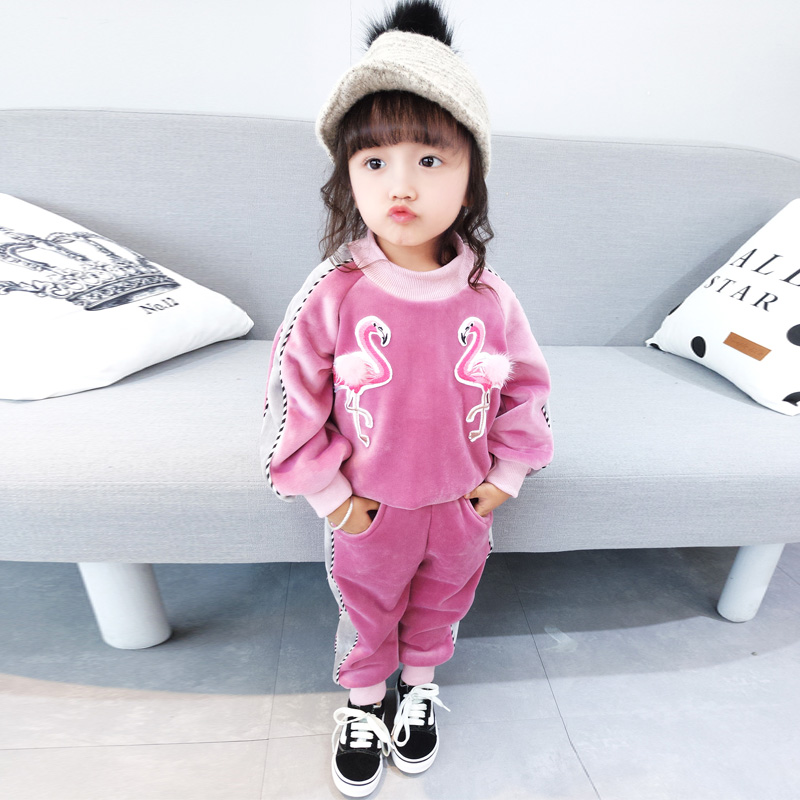 女童套裝鼕季女寶寶1-3歲雙面絨兒童小童韓版加絨衛衣長褲2件套潮