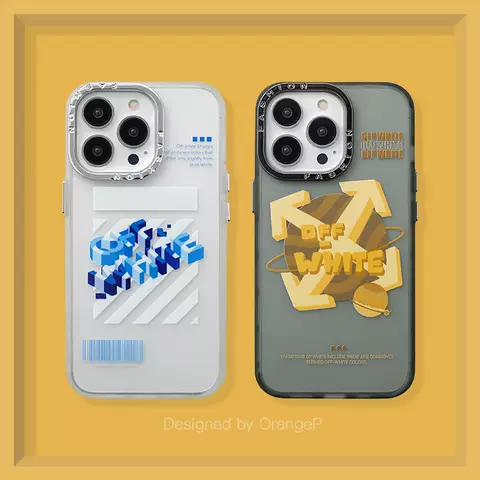 Off-White Trendy Fashionable Blue 3D Text Yellow Arrows Phone Case for iPhone 17, 16, 15, 14, 13 and 12