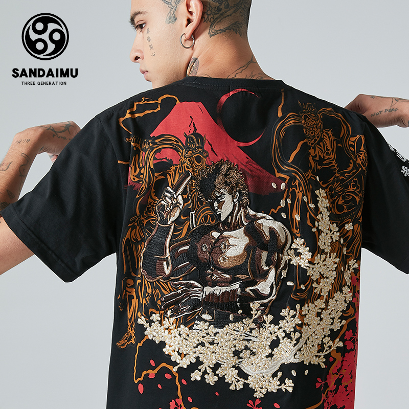 sandaime broderie yokosuka lutte contre le beidou dieu poing âme brodé d'arcade de tekken hommes de marée de la marque à manches courtes t-shirt sandaime broderie yokosuka lutte contre le beidou dieu poing âme brodé d'arcade de tekken hommes de marée de la marque à manches courtes t-shirt