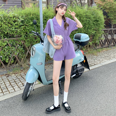 连体裤女2021夏季新款韩版西装领学生收腰显瘦短裤紫色短袖连体衣-淘宝网