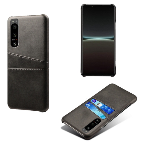 Black — 5 IV Dual Card Holder Synthetic Leather Sony Xperia Phone Case