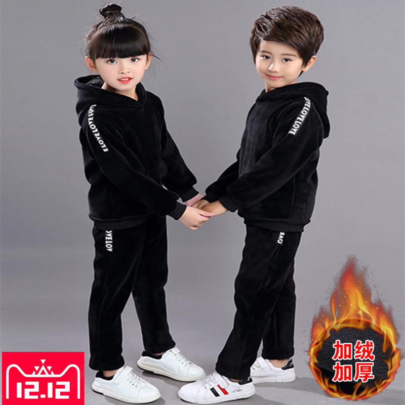女童男童金絲絨套裝鼕裝2017新款韓版兒童加絨加厚衛衣寶寶兩件套