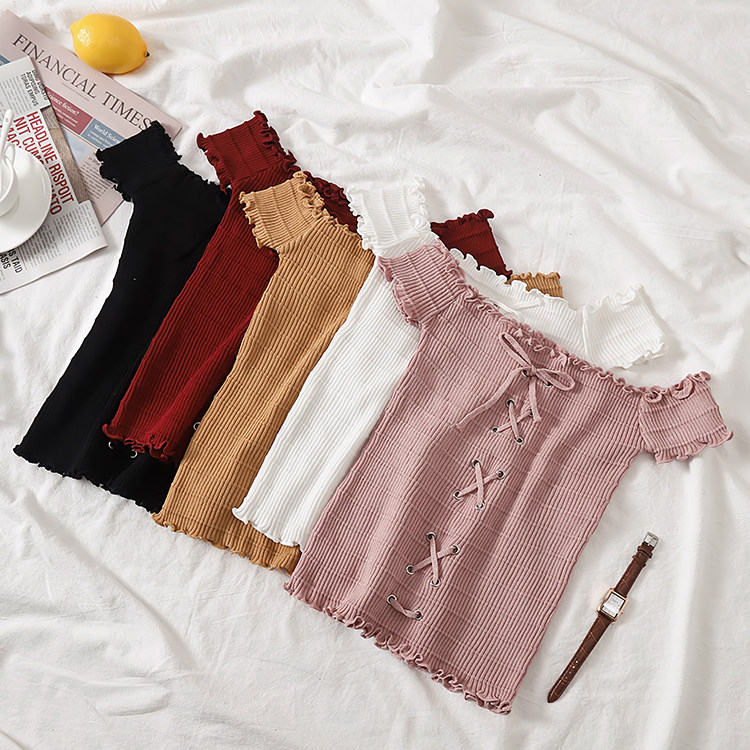 เสื้อผ้าผู้หญิง 扑啦啦韩风木耳边系带设计感针织衫女2019夏新款露肩衬衣收腰上衣  