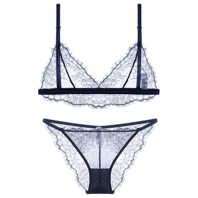 包邮法式超薄蕾丝无钢圈透视文胸夏季透明内衣三角杯胸罩套装-淘宝网