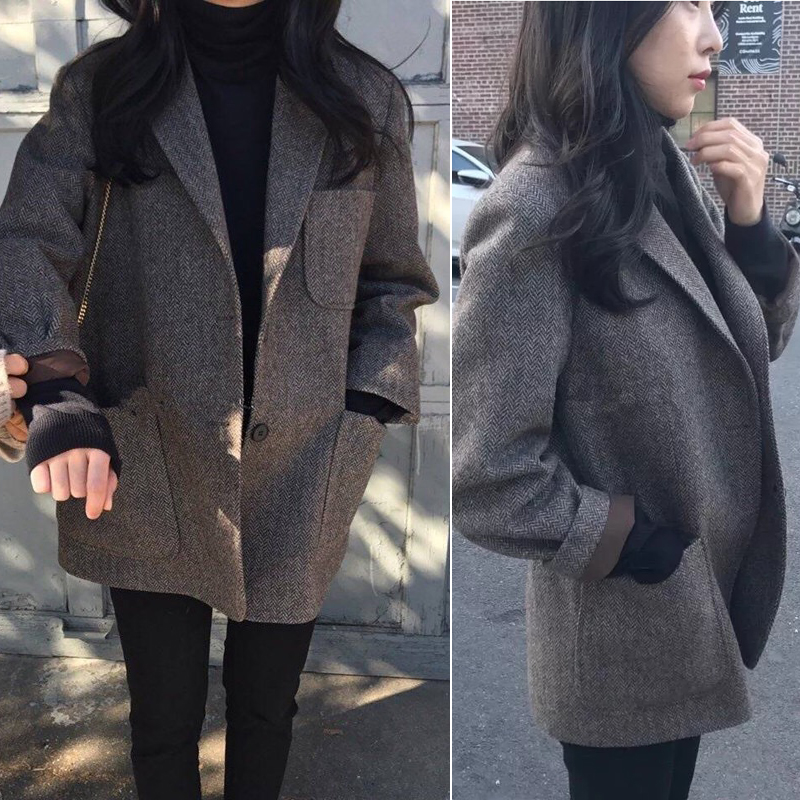 2017寬松顯瘦chic加厚小西服韓國復古格子羊毛呢西裝外套女短款鼕
