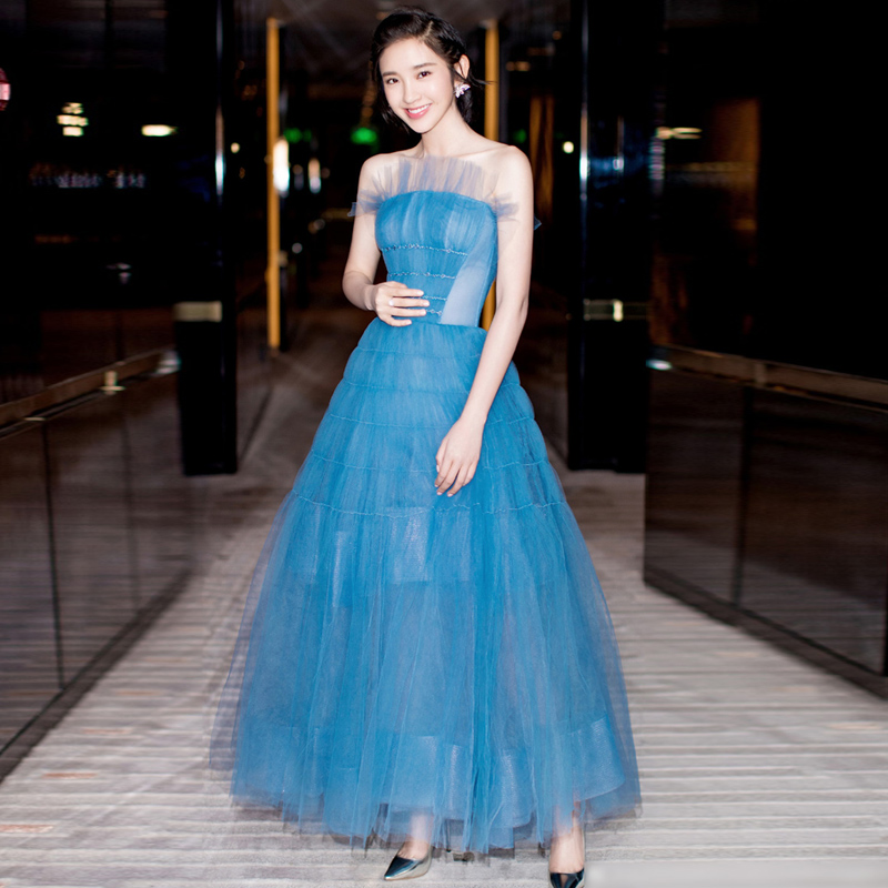 robe de soirée bleu mesh jupe longue dames de style partie d'un dîner sous les auspices de l'costumes solo les filles 2019 nouveau robe de soirée bleu mesh jupe longue dames de style partie d'un dîner sous les auspices de l'costumes solo les filles 2019 nouveau