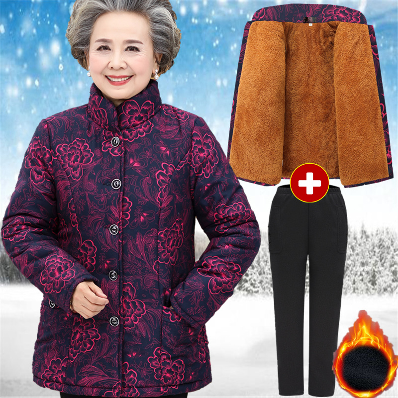 中老年女裝棉衣奶奶鼕裝加絨棉服60-70-80歲老人加厚棉襖保暖外套