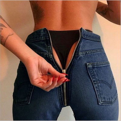后拉链高腰提臀紧身牛仔裤长裤女春季性感修身高弹小脚毛边铅笔裤-淘宝网