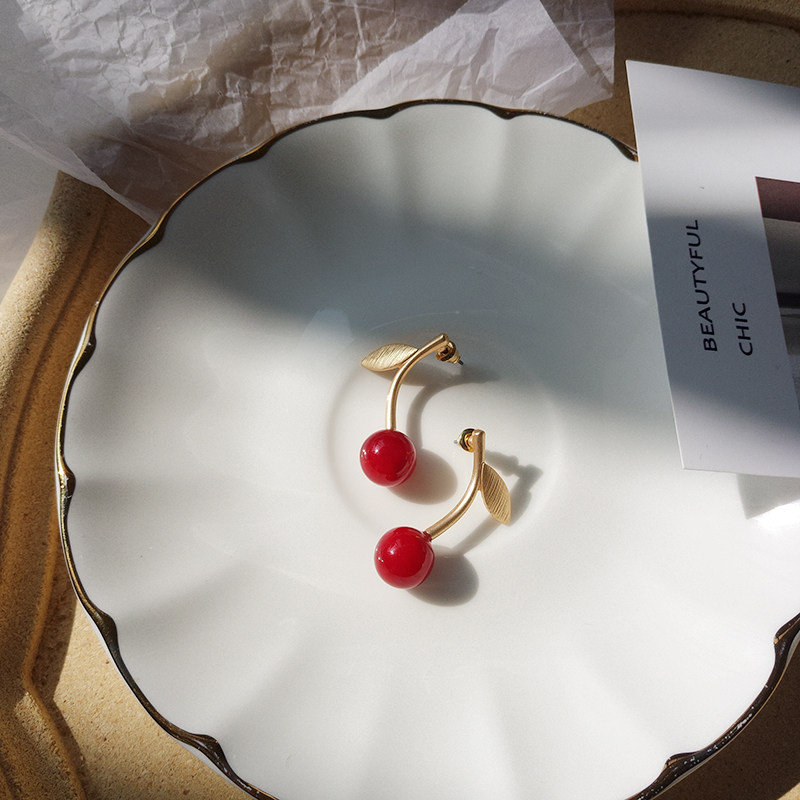 ต่างหู 时尚甜美清新耳环简约百搭樱桃树叶气质百搭圆珠耳坠耳饰E903  