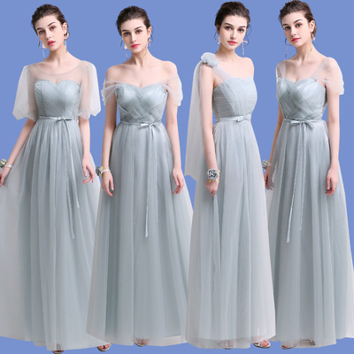伴娘服长款2018新款韩版姐妹团礼服夏季宴会长袖灰色伴娘礼服-淘宝网