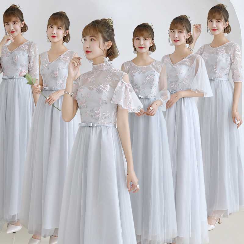 la demoiselle d'honneur vêtements de la mariée 2018 nouvelle demoiselle d'honneur groupe de sœurs de la jupe longue gris auspices de robe de soirée de mariage des femmes était mince automne la demoiselle d'honneur vêtements de la mariée 2018 nouvelle demoiselle d'honneur groupe de sœurs de la jupe longue gris auspices de robe de soirée de mariage des femmes était mince automne