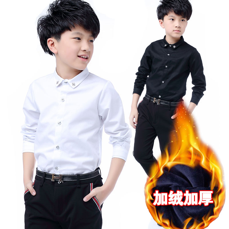 兒童白色襯衫長袖加絨7保暖黑色8純白韓版10歲小學生加厚男童襯衣