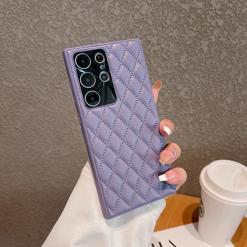 Purple — Diamond Pattern Quilted Leather Silicone TPU Puffy S23, S23 Plus, S23 Ultra Samsung Phone Case