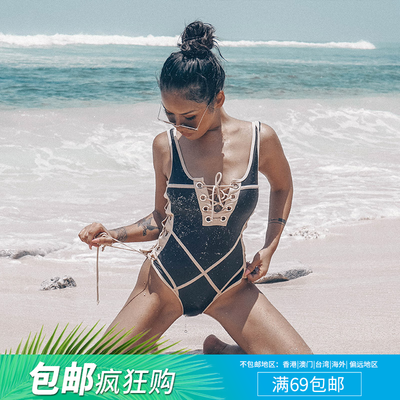 泳衣女绑带连体遮肚显瘦性感三角新款比基尼泳装欧美黑色游泳衣-淘宝网