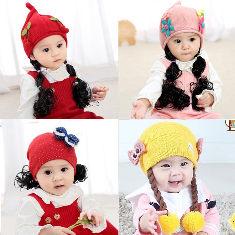 嬰兒童帽子秋鼕季春寶寶假發帽女童針織帽公主棉帽0-1-2-3歲韓版