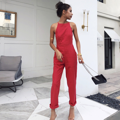 Discofriends连体裤女夏高腰显瘦漏背工装休闲阔腿裤九分裤连衣裤-淘宝网