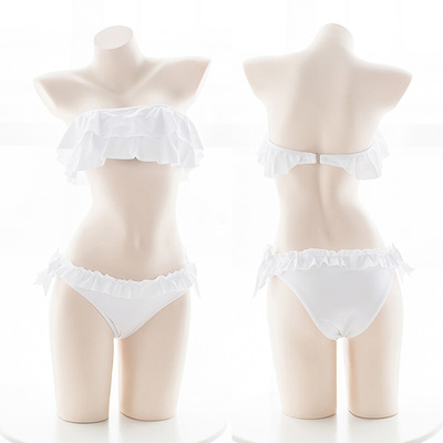 七了个三纯白分体泳衣荷叶边小胸泳衣可爱少女一字领胸垫温泉泳衣-淘宝网