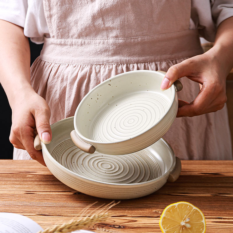 Threaded Binaural Disc Retro Japanese Style Coarse Ceramic Plate Baking Dish Oven Plate Sushi Plate