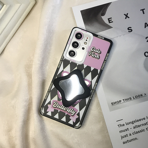 Cute Pink Butterfly Mirror Girls Candy Stripes Silicone TPU S23, S23 Plus, S23 Ultra, S22, S22 Plus, S22 Ultra, S21, S21