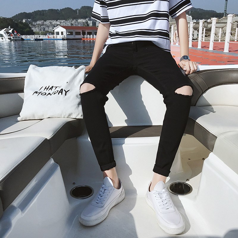 genou noir ripped jeans des hommes de printemps slim fit un octet zéro pourri petits pieds pantalon han édition de la marée mendiant pantalon de printemps et d'été genou noir ripped jeans des hommes de printemps slim fit un octet zéro pourri petits pieds pantalon han édition de la marée mendiant pantalon de printemps et d'été