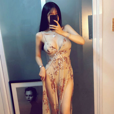 夜店性感亮片露背v领开叉透视网纱刺绣连衣裙仙女礼服抖音长裙夏-淘宝网 夜店性感亮片露背v领开叉透视网纱刺绣连衣裙仙女礼服抖音长裙夏-淘宝网