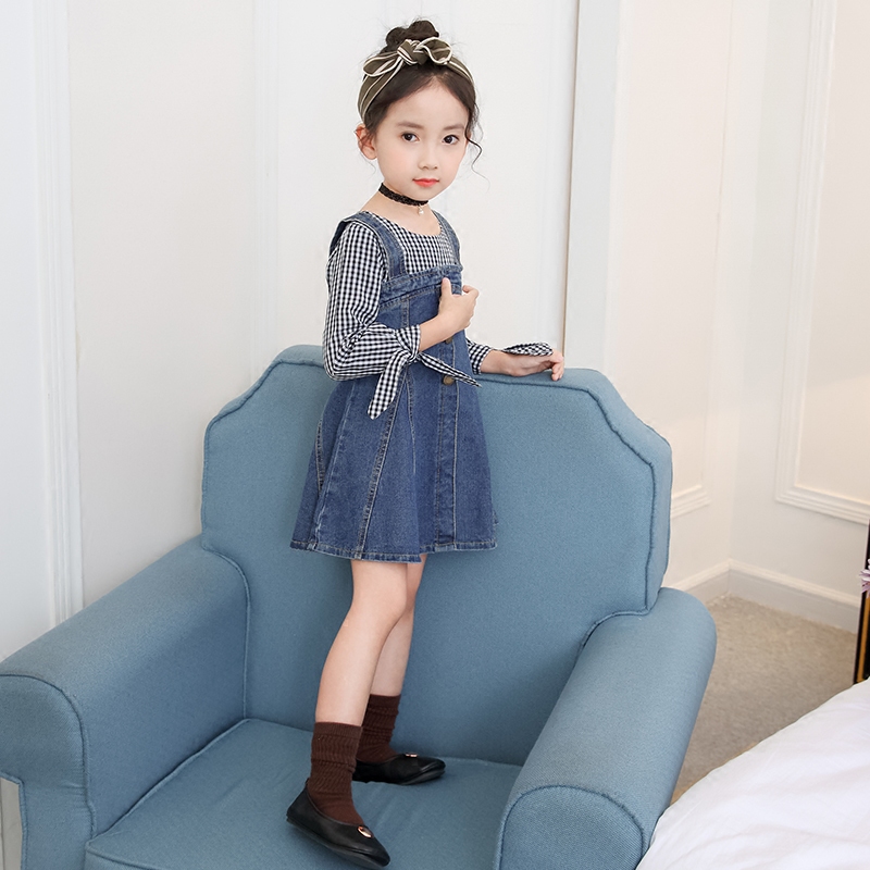 女童秋裝長袖連衣裙韓版新款時尚洋氣 兒童裝背帶裙假兩件牛仔裙
