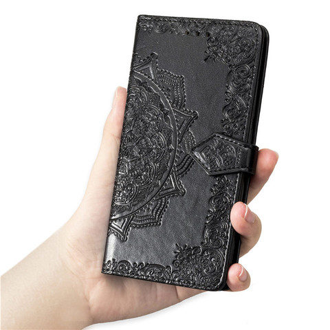 Black — Zenfone 7, Zenfone 7 Pro Wallets Folio Flip Magnetic Synthetic Leather Card Holder Folding Stand Embossed Mandala