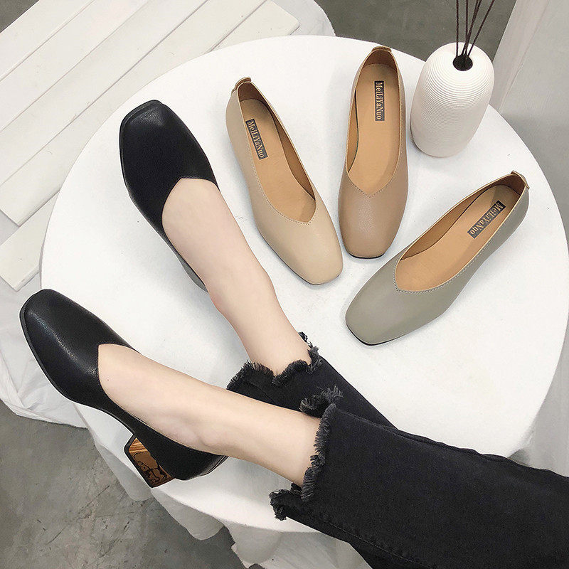 รองเท้าผู้หญิง 方头浅口豆豆鞋女2019春季新款韩版中粗跟英伦风复古奶奶鞋单鞋子  