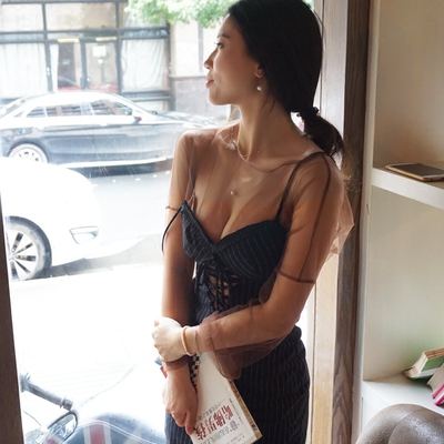 不退不换 夏性感透视连衣裙长袖薄网纱中长两件套吊带抹胸裙夜店-淘宝网