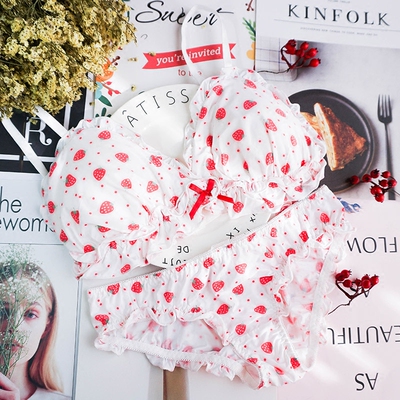 草莓内衣可爱粉花印花系列牛奶丝舒适无钢圈三角杯文胸套装比基尼-淘宝网