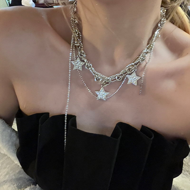 Collana a strati multistrato con stella a cinque punte in argento pieno di diamanti per donne minori con un alto senso del temperamento,_voghion.com