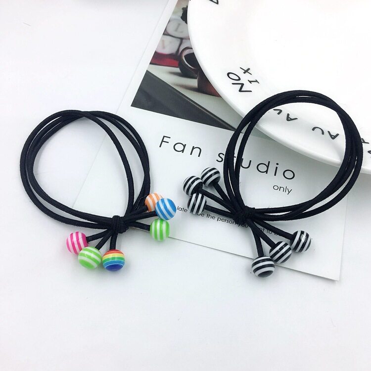 ยางรัดผม 韩版糖果色奶油横条果冻珠打结发圈 小清新三层高弹力不伤发皮筋  