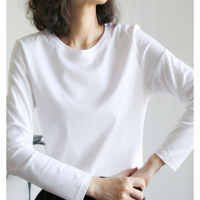标题优化:白色t恤女 丝光棉长袖修身春季新款百搭韩版简单内搭上衣打底衫女