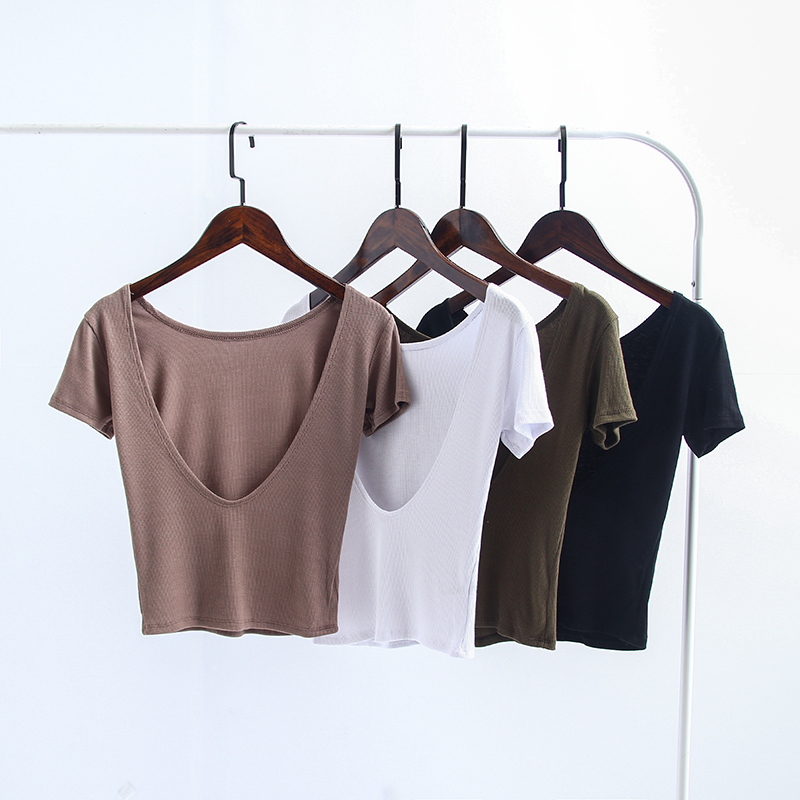 de style européen, sexy slim était mince gros dos nu manches courtes t-shirt court paragraphe ventre-nu fil de coton creux de blouses marée féminine de style européen, sexy slim était mince gros dos nu manches courtes t-shirt court paragraphe ventre-nu fil de coton creux de blouses marée féminine