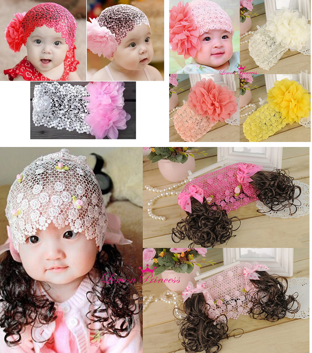 韓國女童蕾絲發網寶寶假發發箍發飾頭花兒童大花朵發帶飾品