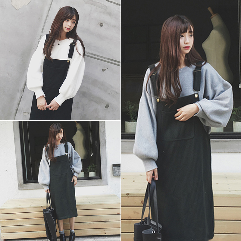 ulzzang秋鼕韓版學生中長款背帶裙兩件套裝寬松毛衣學院風裙子女
