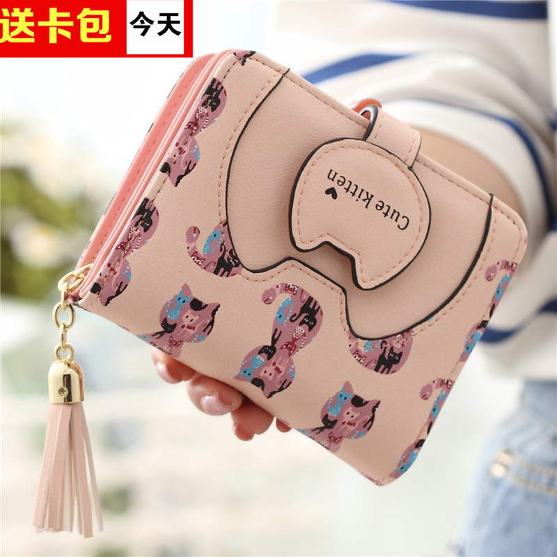 日韓版學生可愛貓咪卡通短款錢包女多卡位兩折拉鏈搭扣女士小錢夾