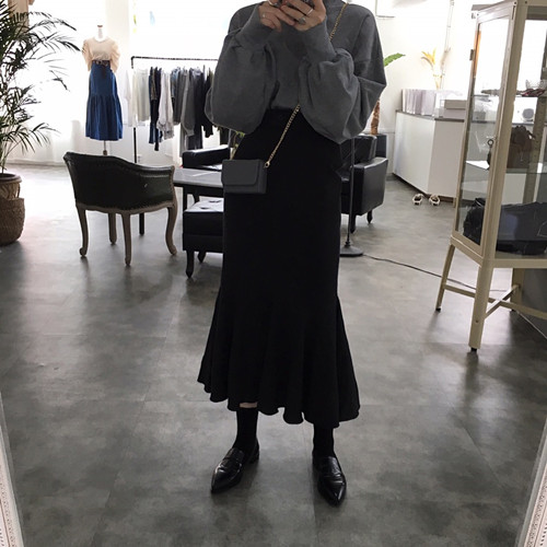 韓國 chic 暗黑繫列 氣質復古包臀魚尾裙 修身顯瘦半身裙